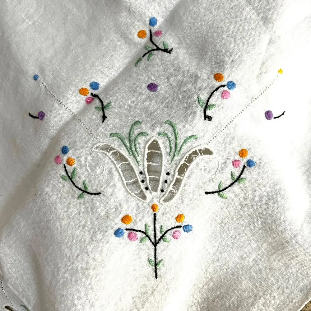Vintage linen blend tablecloth topper embroidery cutwork creamy white square